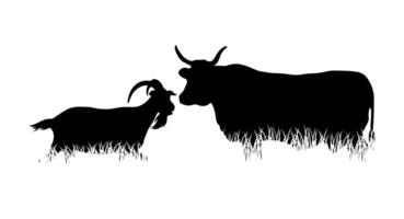 Silhouettes of Cows and Goats Grazing on Grass. Farm Animal Shadow on White Background for Agriculture and Rural Themes vector