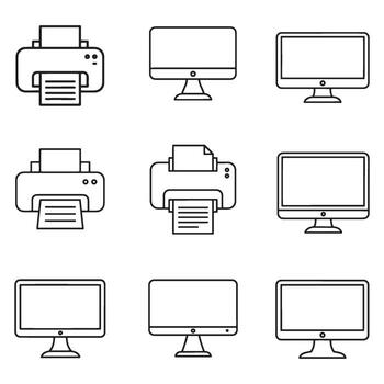 negro y blanco línea Arte ilustraciones de computadora monitores y impresoras para diseño utilizar vector