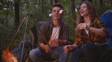 Two friends share smiles around a warm campfire in the forest, roasting marshmallows and enjoying the peaceful atmosphere. The greenery adds to their outdoor adventure experience. video