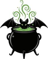 Black bat with a bubbling green cauldron, perfect for Halloween fun vector