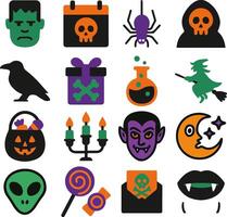 Halloween icon collection with pumpkin ghost skull bat and spooky cartoon elements vector