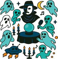 Cartoon ghosts holding a seance in outer space aboard a spooky starship vector