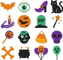 Halloween icon set with pumpkin ghost bat cat and spooky cartoon characters vector