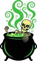 mischievous brew a skeleton bubbling cauldron caper for halloween fun vector
