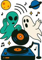 Alien and ghost spinning vinyl music on space turntable with cartoon elements vector