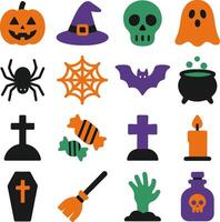 Halloween icon set with pumpkin ghost skull bat and spooky cartoon design elements vector