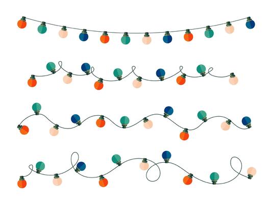 Horizontal curved Christmas light string stylized frame. Classic rounded shaped bulbs.