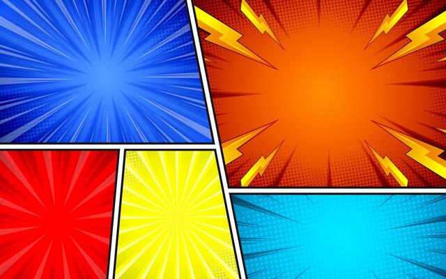 Comic book background divided. Comic book page background with rays, sun rays and halftone effects.