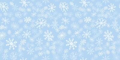 Doodle Snowflakes seamless pattern. Christmas snowfall simple blue background. White hand drawn snow. Winter snowy holiday New year christmas texture. illustration print wrapping paper card vector