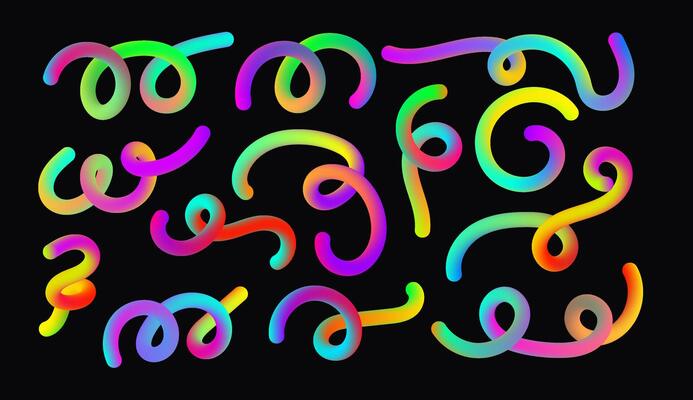 Liquid Gradient wavy lines set. Dynamic neon ribbons. Geometric smooth shapes. Flowing abstract elements. Rainbow vivid Squiggle collection for poster banner card flyer. illustration.