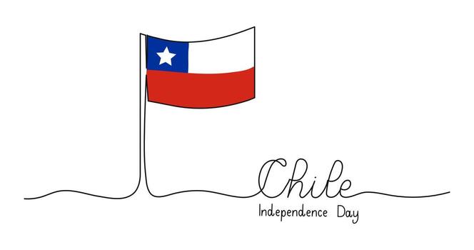 Chile Independence Day banner template. Editable stroke hand drawn lettering. One continuous line art background with flag. Outline drawing with typography for poster card. vector
