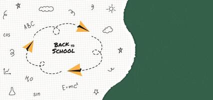 Back to School banner template with green blackboard copy space. Doodle decoration, typography and paper air plane on notebook paper sheet. Education poster card web hand drawn elements. Flat style. vector