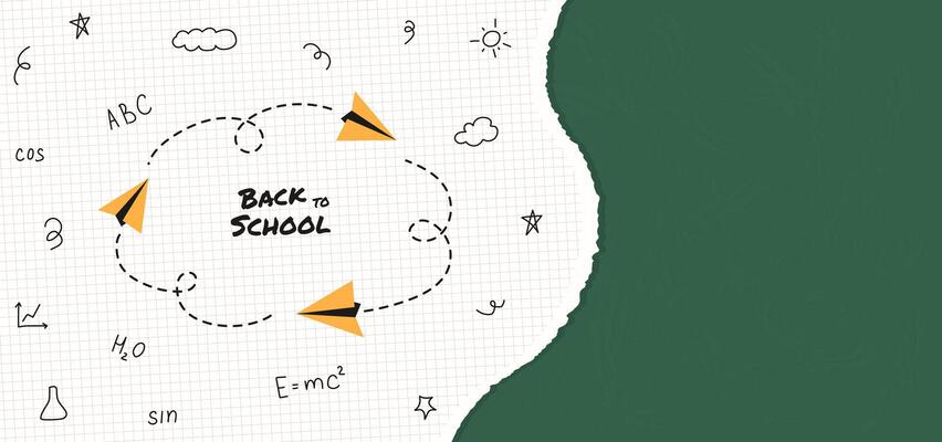 Back to School banner template with green blackboard copy space. Doodle decoration, typography and paper air plane on notebook paper sheet. Education poster card web hand drawn elements. Flat style.
