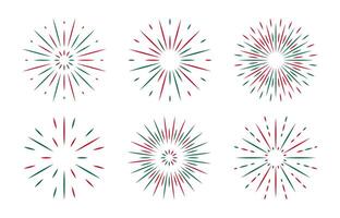 Green red Fireworks set. New Year decoration in flat style. Radiant simple sparks for banner, poster, flyer, greeting card. Explosion decorative elements. Independence day. vector