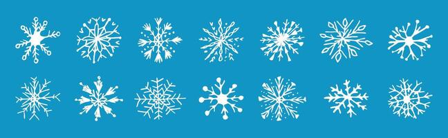 Hand drawn snowflakes set. White doodle Snow icons. Sketch grunge style. Christmas New year naive decoration element. Winter nature sign. Cold temperature weather. illustration. vector