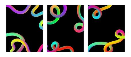 Abstract Gradient wavy shaped poster template with copy space. Neon lines on dark background Set. Bright Colorful rainbow wave. Fluid vivid elements for cover flyer card. vector