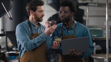 Happy Caucasian man barista showing coffee cup espresso aroma African American colleague smile joyful two factory workers laptop small business teamwork roasted bean scent evaluation talking indoors video