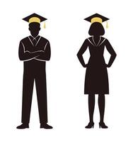 Silhouetted Graduation A Male and Female Graduate Standing Proudly in Academic Regalia Wearing Mortarboard Hats with Tassels Representing Achievement Education and the Successful Completion of vector