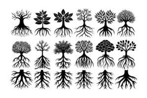 A collection of diverse tree silhouettes with intricate root systems presented in a repeating pattern against a white background creating a visually appealing and graphic vector