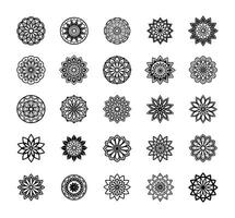 Collection of Twenty Five Unique Black and White Floral Mandala Designs Arranged in a Grid Pattern on a Clean White Background Suitable for Coloring Pages vector