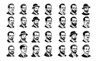 Monochrome Illustration A Collection of Twenty One Distinctive Portraits of Men with Varying Hairstyles Facial Hair and Eyeglasses Some Wearing Hats All in Formal vector