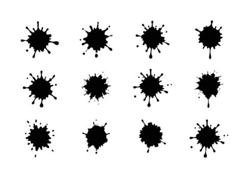 colección de negro tinta salpicaduras en blanco antecedentes un variedad de formas y tamaños para artístico diseño y creativo proyectos demostrando fluidez y impactante visuales vector