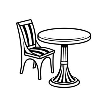 Black and White Illustration of a Round Table and Chair Ideal for Cafe or Restaurant Design Emphasizing Simplicity and Clean Lines in a Minimalist Style vector