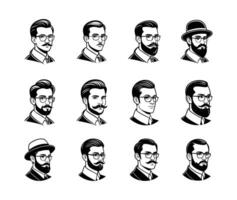 Collection of Black and White Portraits Diverse Men with Facial Hair and Glasses Showcasing Various Styles in a Clean Graphic Design Format on a vector