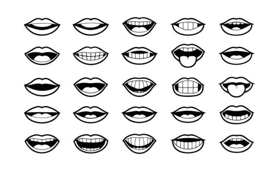 Seamless Pattern of Black and White Mouth Illustrations Displaying Various Expressions and Teeth Set Against a Clean White Background Creating a Visually Engaging and Playful vector