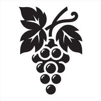 Black silhouette of a grape cluster with leaves and vine grapes fruit vector