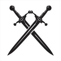 Black silhouette of two crossed swords with ornate hilts on white background weapon medieval vector