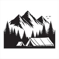 Black silhouette of tents and pine trees against jagged mountains and birds camping nature vector