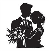 Black silhouette of a bride and groom embracing with a bouquet wedding couple vector