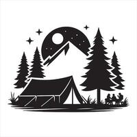 Black silhouette of camping scene with tent mountains moon and people night vector