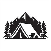 Black silhouette of a campsite with tent mountains and trees camping vector