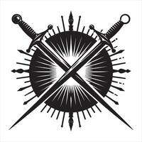 Two crossed swords in front of a sunburst emblem with pointed rays vector