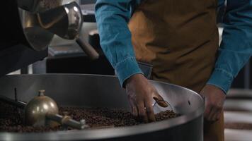 Caucasian African American two men coffee factory workers examine roasted beans magnifying glass texture inspect quality control roaster machine observation process small business collaboration indoor video