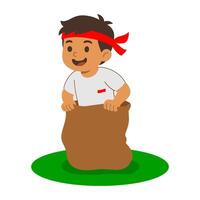 Indonesian Boy in Sack Race Traditional Game for Independence Day vector