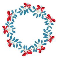 Christmas mistletoe wreath with blue leaves, white berries, and red bows in festive circular arrangement. Represents holiday tradition, decoration, and seasonal cheer in a hand drawn style vector