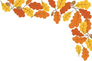 Autumn oak leaf corner border with acorns in warm orange and yellow colors on white background. Illustrates a seasonal fall theme perfect for invitations, greetings, or seasonal promotions vector