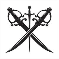 Crossed sabers and dagger emblem black and white graphic sword vector