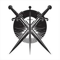 Black crossed swords emblem with sunburst and circular frame symbol medieval vector