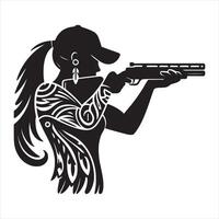 Black silhouette of woman wearing baseball cap shooting a rifle target vector