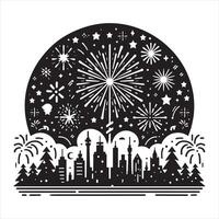 Black and white graphic of fireworks over city skyline and pine trees silhouette vector