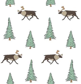 Seamless pattern of hand drawn doodle sketch reindeer and spruce tree isolated on white vector