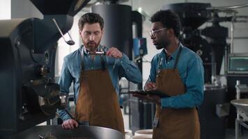 Two diverse African Caucasian men inspect roasted coffee aroma writing checklist smell quality control roast process small business production espresso bean flavor machinery indoor coffeehouse factory video