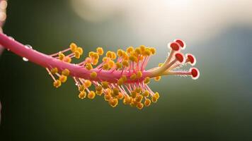 Pink and Yellow Flower Stamen Closeup with Dew Drops on Green Background photo