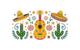 Festive Cinco de Mayo Celebration Colorful Guitar, Sombreros, and Cacti Illustration for Mexican Holiday, Fiesta, and Cultural Events with Flat Design Elements vector