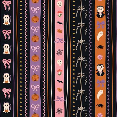 Striped Halloween seamless pattern decorated of cute ribbon, ghost, pumpkin, Dracula, skull, cartoon elements. Funny fabric, wrapping paper, textile design, wallpaper, background with vertical stripe
