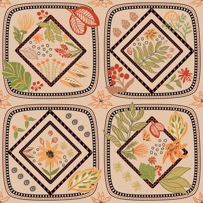 Botanical checkered autumn leaves, flowers, berries, geometric rhombus, square shapes, pine cone. Fall colorful floral background, seamless pattern for textile design, fabric, wallpaper, print.